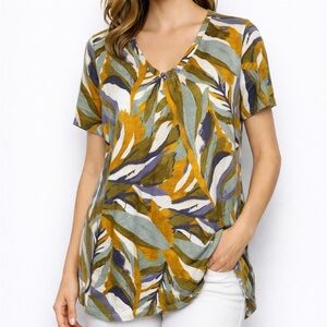 Rachael Zoe Women V-Neck Tropical Leaf Print Tunic Short Sleeve Green Purple 1X